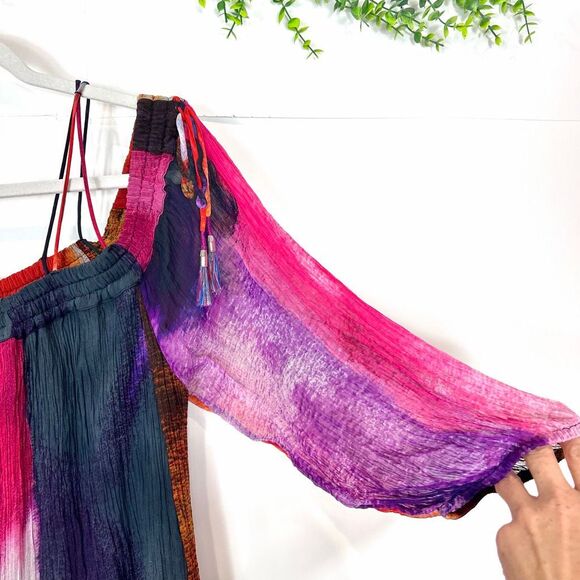 Anthropologie Floreat Dress Large Green Red Blue Watercolor Off Shoulder Flowy - Picture 8 of 16